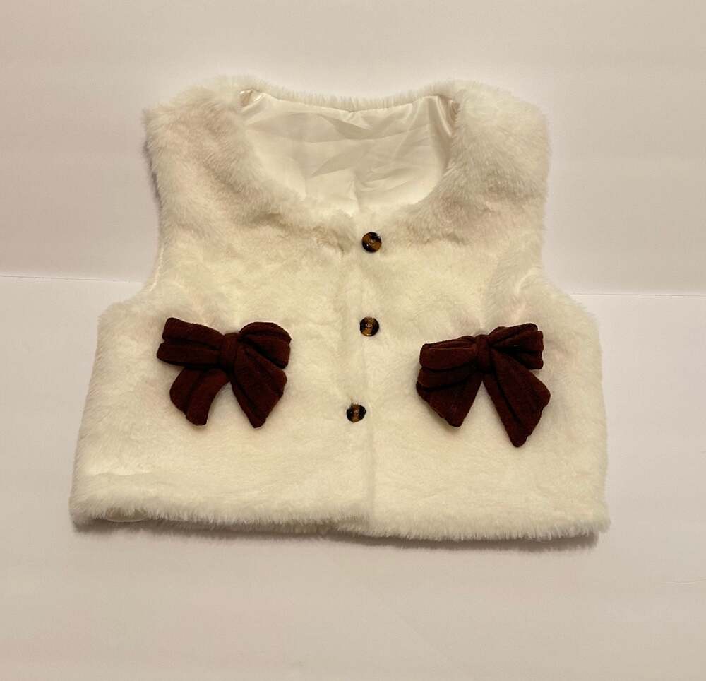 White Faux Fur Vest with Brown Bow Details